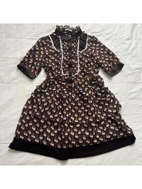 Axes Femme Brown Cream Heart Print Lace Trim Dress Size M Japan